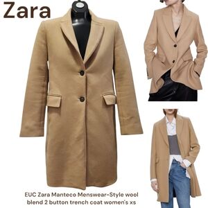 Zara Manteco Menswear Style wool blend Long trench coat women's xs Camel Toffee
